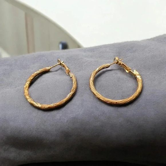 Gold Plated Textured Hoop Earrings - Picture 2 of 2